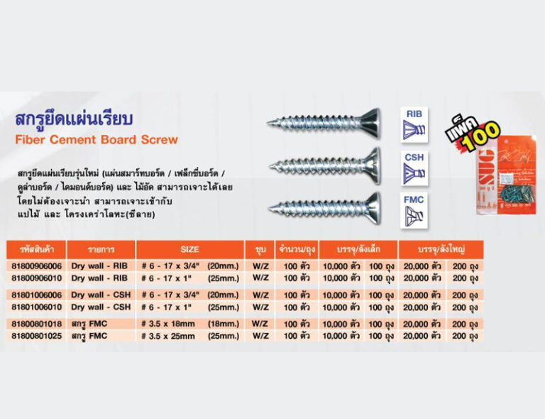 สกรูยึดแผ่นเรียบ Fiber cement board screw CSH – Bangkok Hardware ...
